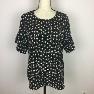 Pleione Blouse Top Size S Womans Black Pink Floral Print Ruffle Short Sleeve